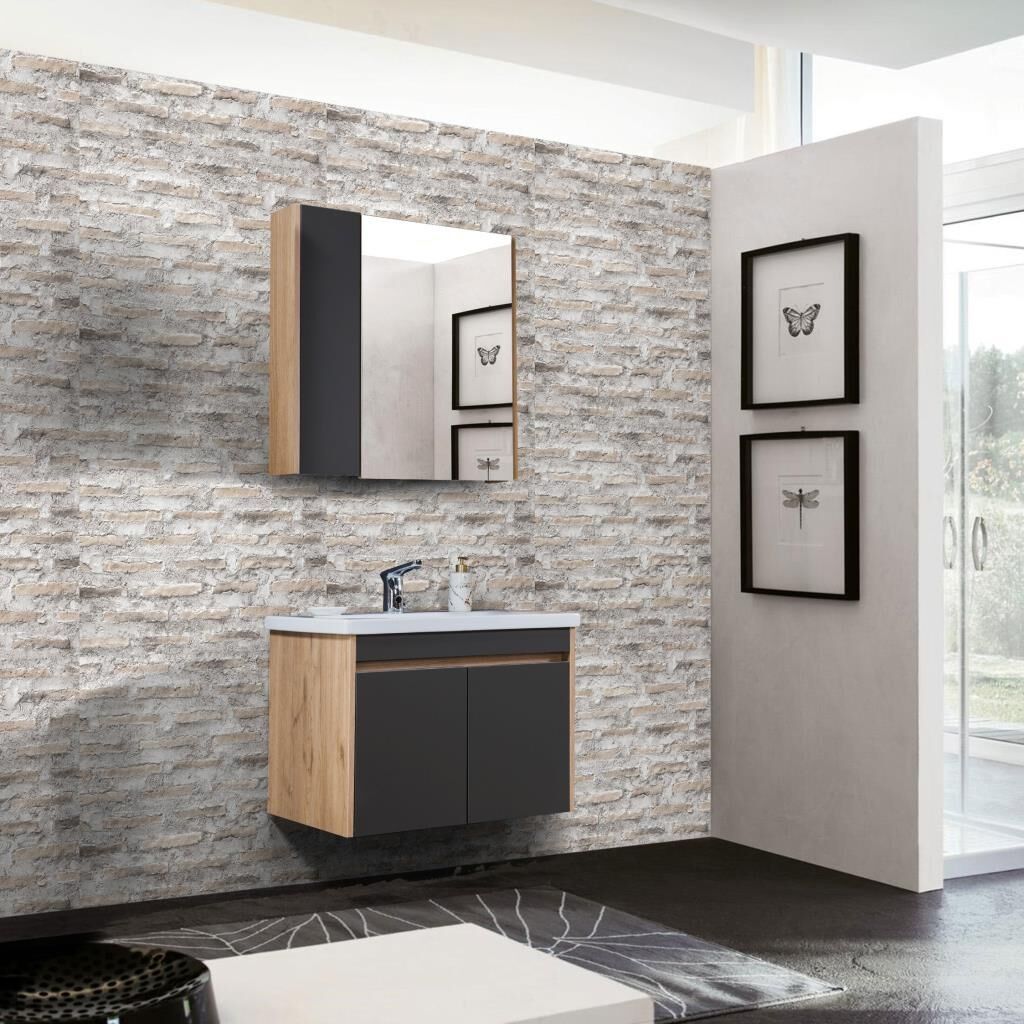 İstanbul Banyo Dolabı - 80 cm - 2'li Set - Meşe - Fırtına Gri