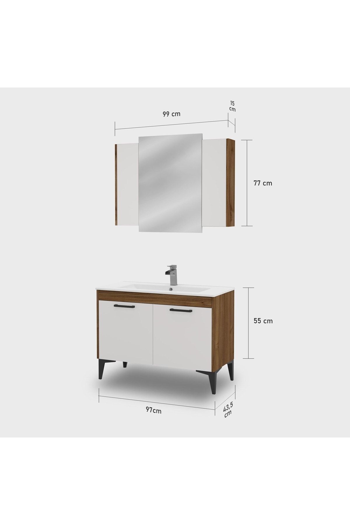 Toronto Banyo Dolabı - 100 cm - 2'li Set - Beyaz Ceviz